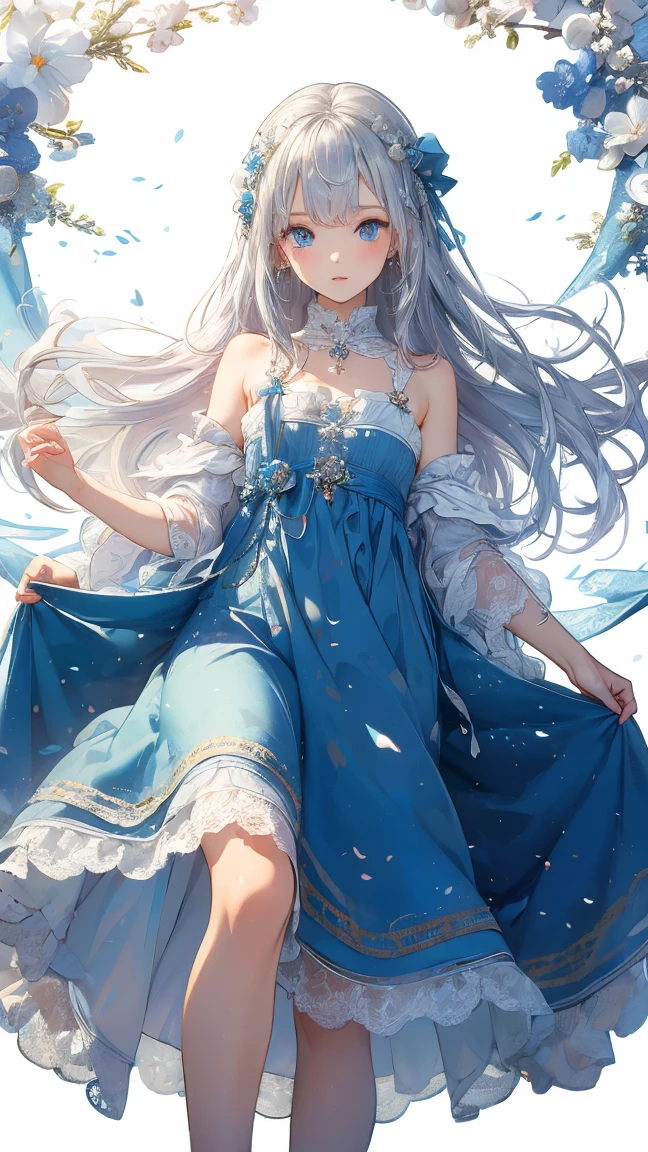 (masterpiece),(highest quality:1.2),(Perfect Anatomy),Exquisite detail,((1 Girl)),Long silver hair,((Flat Chest)),Beautiful and exquisite blue eyes,Royal blue long dress,Aqua blue shawl draped over shoulders,Blue Footprints,(White background)