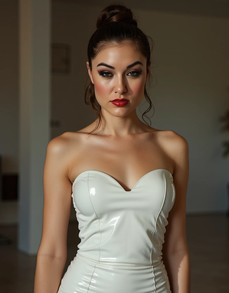 cute portrait of woman on her wedding day, latex wedding dress, red lip gloss, thick eyeliner flicks, latex outfit, latex, shiny