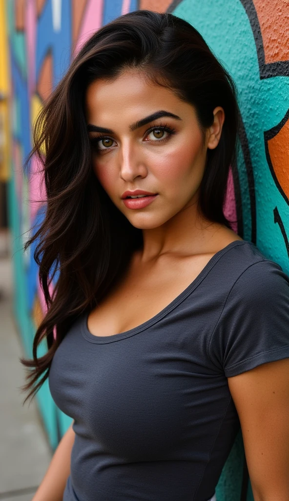 photo of a woman, closeup, face focus, heavy makeup, direct eye contact, frontview, realistic photo, intricate details, vivid and vibrant colors, highly detailed skin, captivating eyes. She is wearing a skin tight t-shirt, The background is a beautifully painted wall with bright, colorful graffiti. She is leaning against the wall. The image is sharp and high-quality