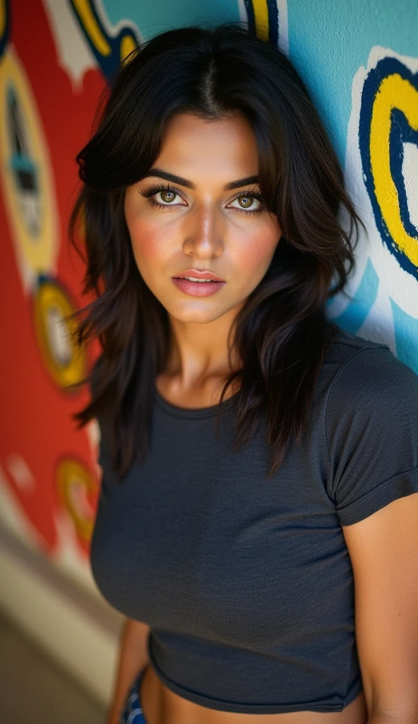 photo of a woman, closeup, face focus, heavy makeup, direct eye contact, frontview, realistic photo, intricate details, vivid and vibrant colors, highly detailed skin, captivating eyes. She is wearing a skin tight t-shirt, The background is a beautifully painted wall with bright, colorful graffiti. She is leaning against the wall. The image is sharp and high-quality