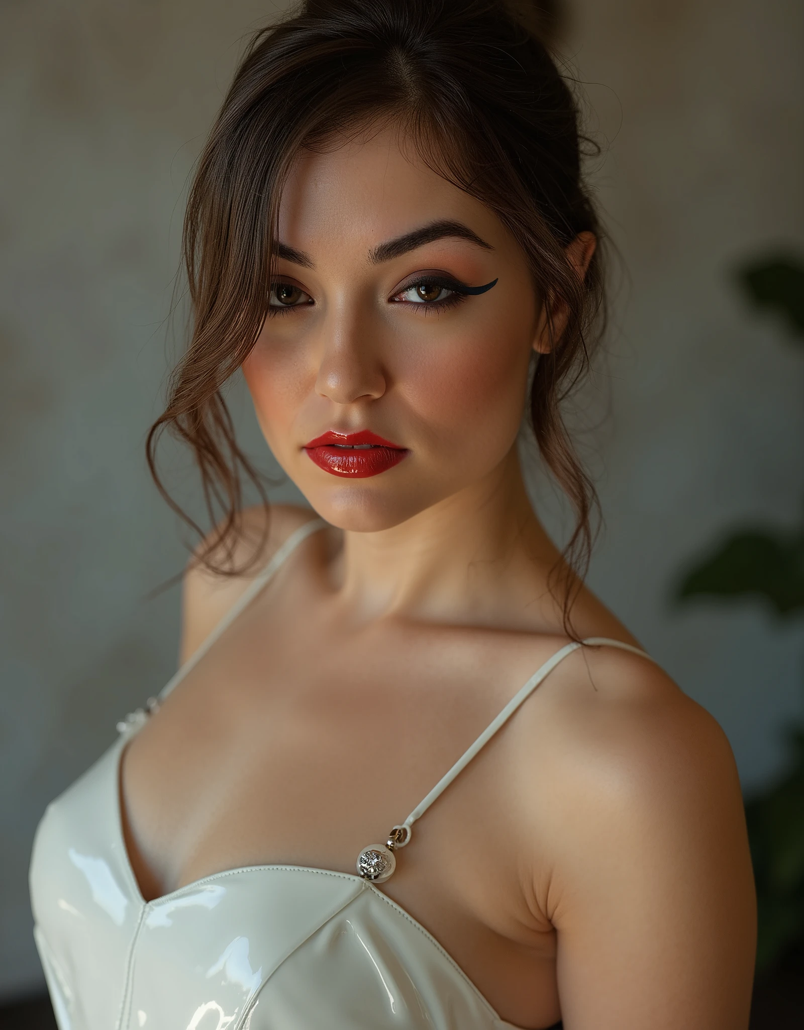 cute portrait of woman on her wedding day, latex wedding dress, red lip gloss, thick eyeliner flicks, latex outfit, latex, shiny