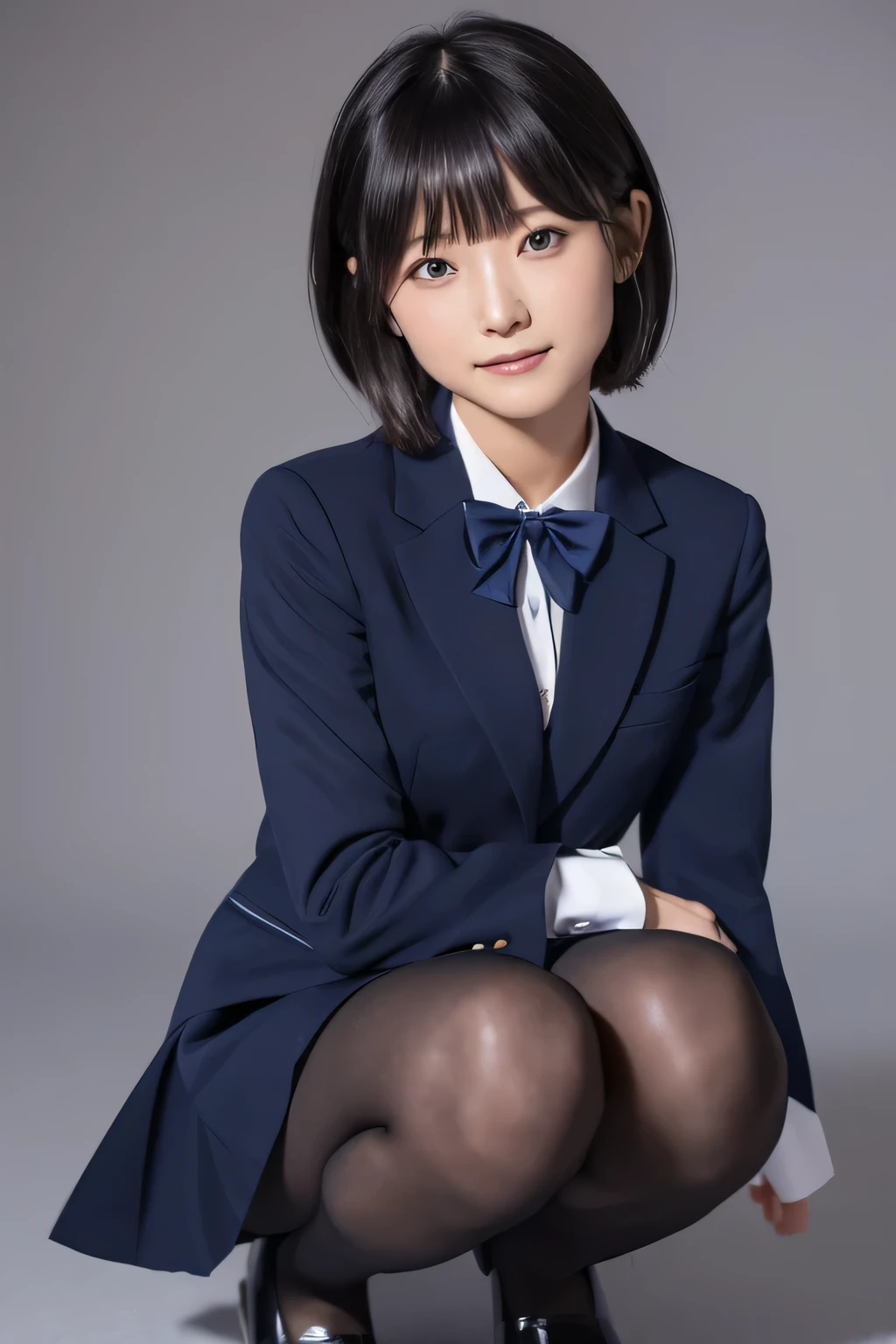 Navy Blue Blazer、(( Hides below the knee with a navy blue tight skirt))、White blouse、((navy blue plain large bow tie))、((( black pantyhose )))、(( Black Loafers ))、((A full-body photo of a crouching figure looking down to the feet))、Cute high school girls、Height: 160cm、 smile like an idol 、 smiling and smiling、 professional lighting in front of the machine 、((Plain background))、(( Max Image)),((Beautiful double eyelids ))、（ long lashes）、(( The blazer and skirt are the same navy blue and the material are the same ))、((Dark brown, glossy hair ))、((Model Face Change ))、(( Ribbon Design Change))、((No handkerchief))、((silver cherry pin badge on collar))、 very short hair、((silver cherry pin badge on collar))、My chest is G cup、 Angle Looking Up From the Ground 、RIHO YOSHIOKA