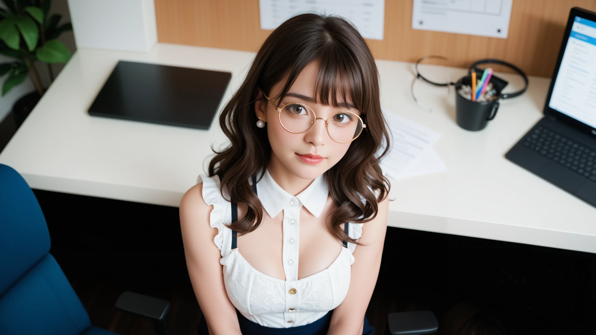 score_9, score_8_up, score_7_up, score_6_up, score_5_up, score_4_up, office girl, BREAK, girl, (young, cute:1.15), from above, long wavy hair, round framed glasses, pearl earring, overall mini dress, sleeveless, frills trim, (clavicles), breasts, photorealistic, hanfu, celebrity goddess, office, white blouse, sexy black bra, gold earring, long silky brown hair, perfect bangs, attractive beauty, cool girl, taut clothing,