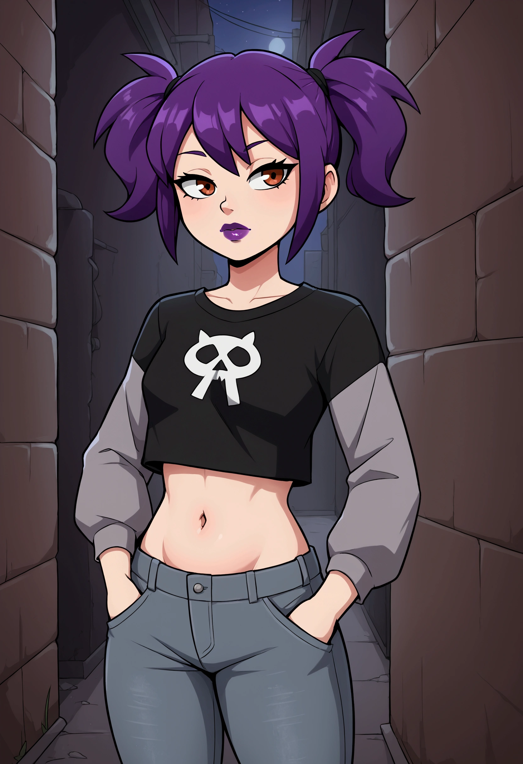 1girl, solo, purple hair, short twintails, gray jeans, taut black t-shirt, long gray sleeves, crop top, midriff, belly, navel, purple lipstick, hands in pockets, dark alley, night