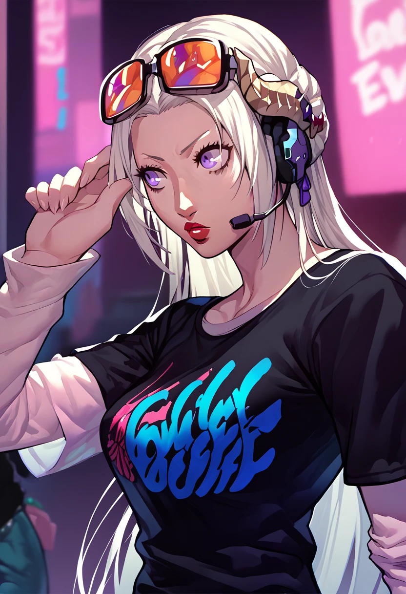 1girl, sunglasses on head, lipstick, black t-shirt, clothes writing, layered sleeves, large breasts, jeans, Edelgard Von Hresvelg, white hair, purple eyes, headset