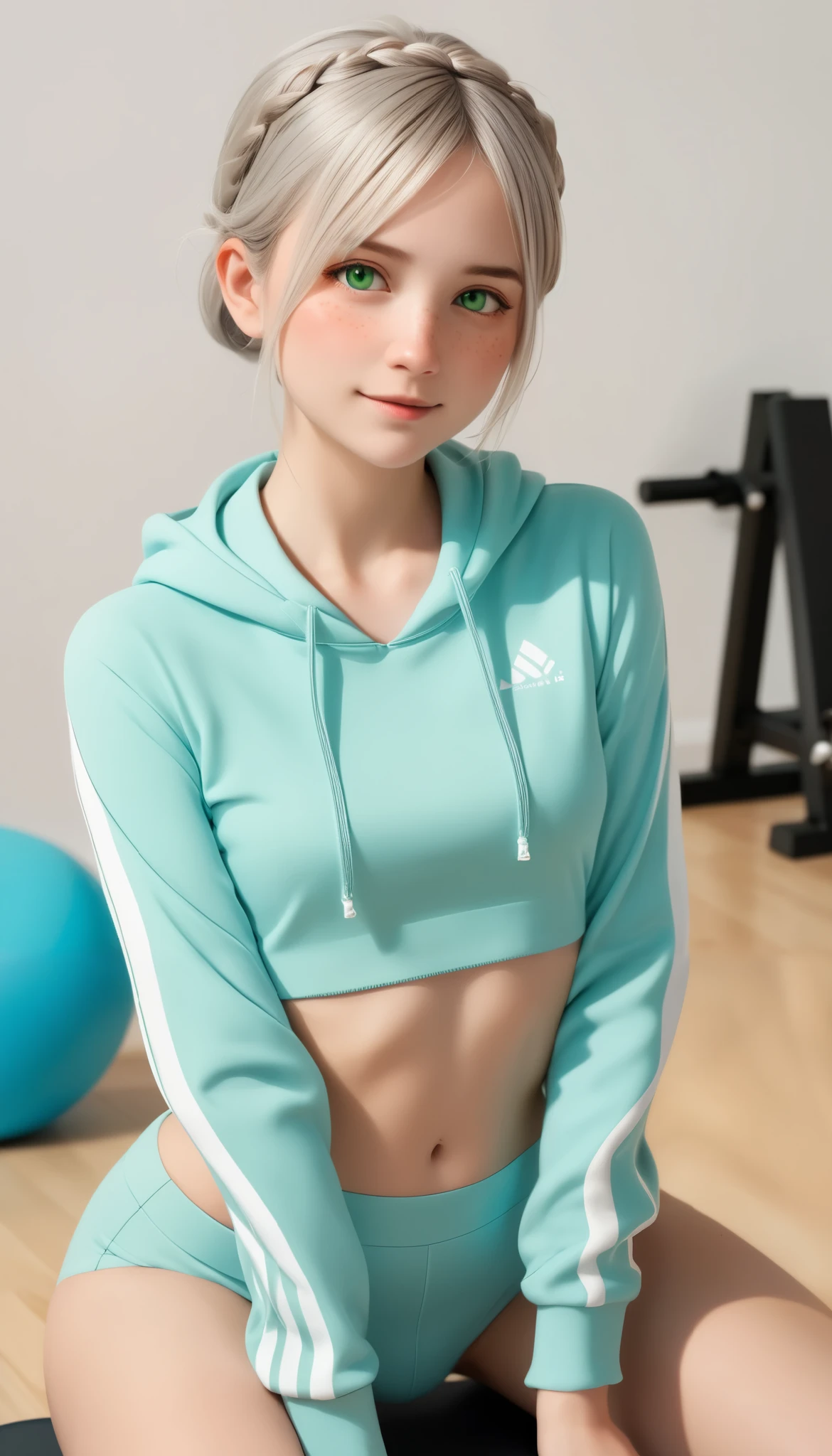  ultra-realistic image , Redhead  Girl,  cute face, Fatigue、 French Braid 、Grey Hair、 green eyes, I have a few freckles, Do yoga, 3 stripe sweatshirt、  I can see my belly button 、Play sports often、 jacket,  top quality、 Ultra High Resolution 、masterpiece:1.5、 portrait