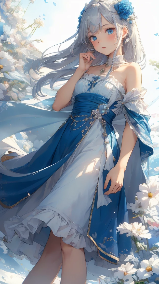 (masterpiece),(highest quality:1.2),(Perfect Anatomy),Exquisite detail,((1 Girl)),Long silver hair,((Flat Chest)),Beautiful and exquisite blue eyes,Royal blue long dress,Aqua blue shawl draped over shoulders,Blue Footprints,(White background)