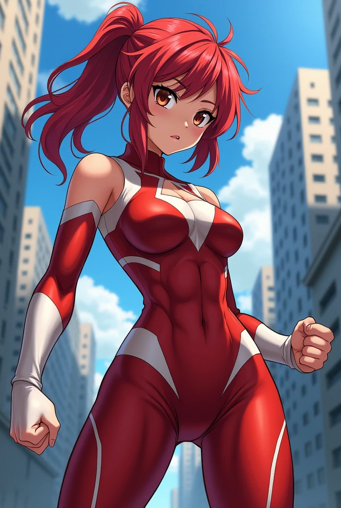realistic,highest quality, ultra detail, High quality CG drawing, The most delicate and beautiful, Floating gently, High resolution, (1 girl), (Highest image quality,4K,8K,masterpiece:1.2),(red pink hair:1.5), (medium hair:1.5),(wavy hair:1.4),,(red eyes:1.5), (ultra girl:1.0), (red ultraman bodysuit:1.4),(slightly bigger breasts:1.5),Upper body,(clenched fist:1.2),(put both hands on hips:1.2), red gloves,red shoes,(trained abdominal muscles:1.3)