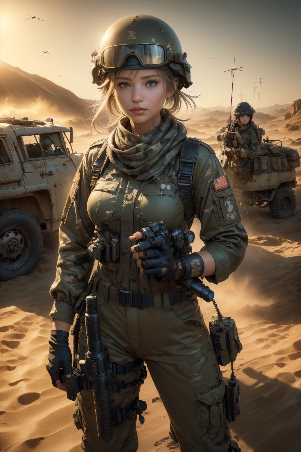 ((masterpiece, highest quality, Highest image quality, High resolution, photorealistic, Raw photo, Extremely detailed CG unified 8k wallpaper)), (huge stunning goddess shot, very hot and sexy, jaw-dropping beauty, perfect proportions, gigantic breasts), (a lot of freckles on face), (a sexy young woman dressed as a army soldier's uniform), (Various stickers and marks on the uniform), (revealing_clothes), (wearing combat helmet and goggles, Scarf), (Face with camouflage cream, skin that sweat a lot), (a calm expression with a slight smile), (Detailed Tattoo, Irezumi, tattoo, tattoo), (with a large machine gun in her's hand) (Sahara Desert in Africa, Sandstorms), (a fierce battle on the battlefield), Jennifer Lawrence