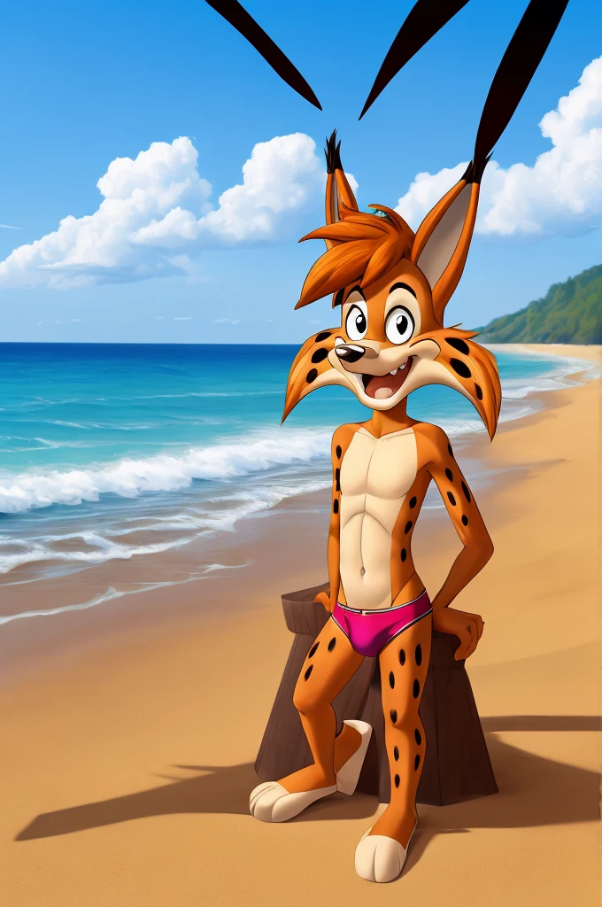 Lynx cartoon guy full length slim skinny in red speedo on the beach with a happy face