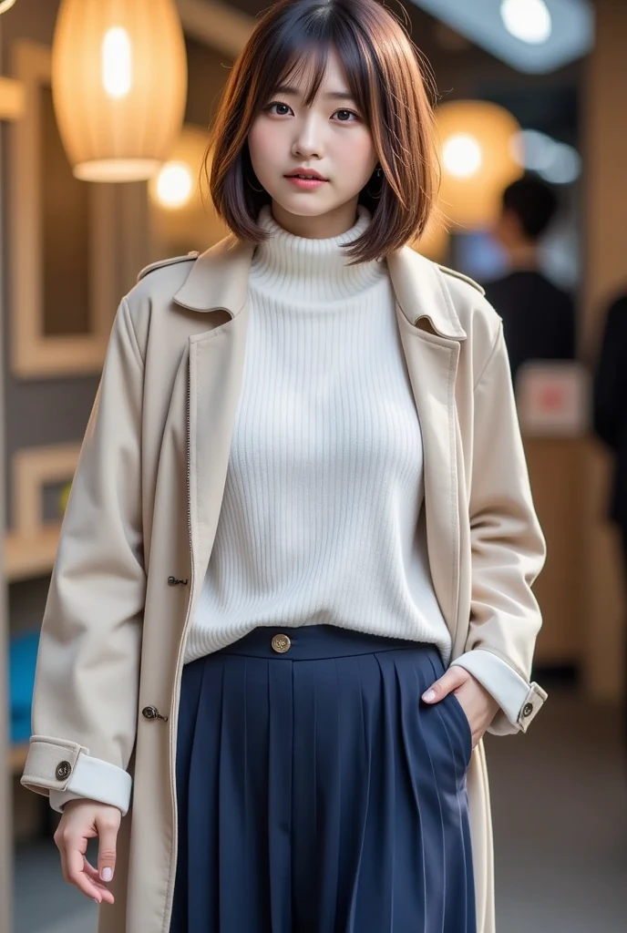  1 beautiful woman,  short light brown hair 、26 years old、white long sleeve knit 、I'm wearing a cashmere coat、 dark blue long skirt、Height: 155cm、Bust 83cm、Waist 58cm、Hips 85cm 、 walking through the old japanese shline 、 can you see your whole body 、Shiny whitening 、 Hairstyle with bangs、 announcer、 is wearing high heels、round face