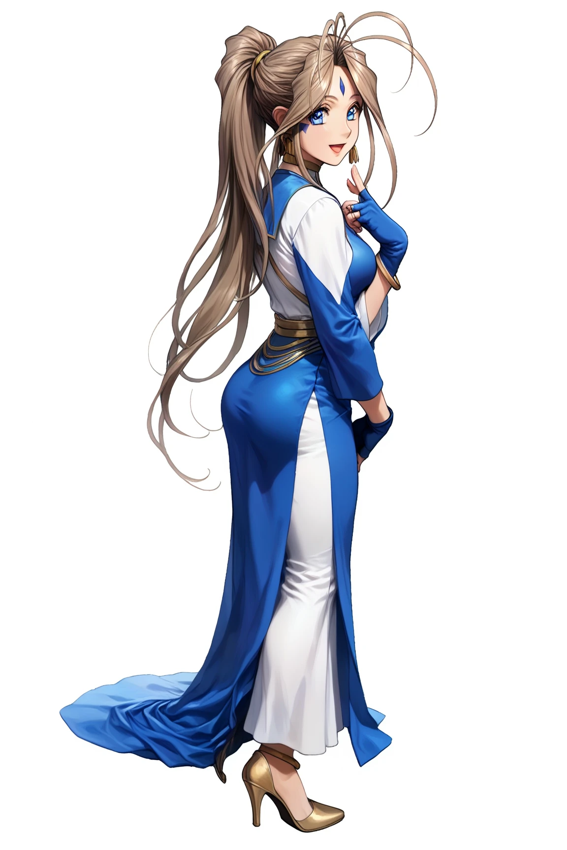 sfw, 1goddess, solo, (priestess, priestess short-neck dress), (short-neck), long sleeves, ((Blue-Trimmed-Dresses, Blue-Trim-clothes)), shiny, shiny white skin, (closed front clothes:1.6), calm smile, open mouth, open palm, arms_down, (full bust:1.5, glamorous, Curvy body, Slim waist), 
BREAK, Lovebell-SDXL, Belldandy, long ponytail, brown hair, blue eyes, parted lips, gold choker, ((fingerless_blue_short_gloves:1.5)), bracelet, earring, wedding_silver_ring on left_hand_ring_finger, gold anklet, (elegant mature woman), safety, tranquility, 
BREAK, simple background, transparent background, 
BREAK, extreme quality, cg, (detailed eyes,and face), (bright colors), (anime), impact, masterpiece, top tier, extravagant, 8k, unity wallpaper, unreal engine 5, ray tracing, 8k, cinematic, varied depth of field, octane render, tone mapping, hyper focus, detailed hand, 
BREAK, full body, ((standing)), dynamic angle, ((upright:1.4)), from behind, looking back,