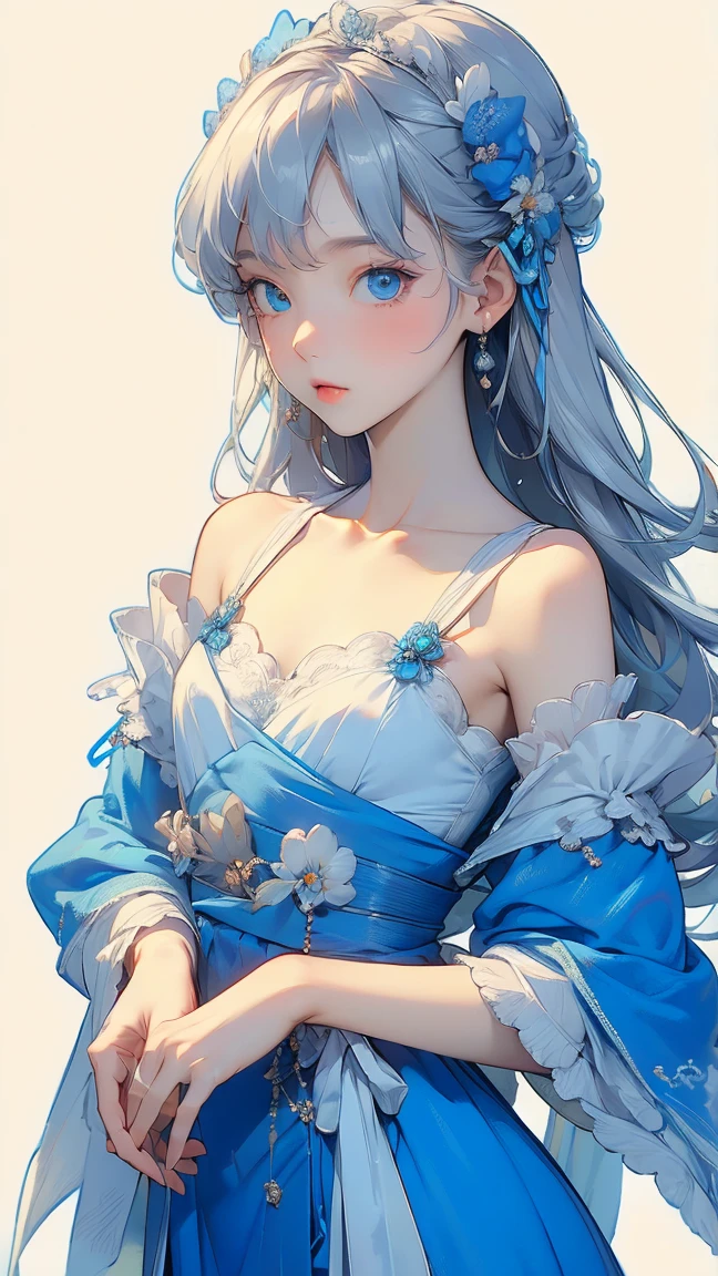 (masterpiece),(highest quality:1.2),(Perfect Anatomy),Exquisite detail,((1 Girl)),Long silver hair,((Flat Chest)),Beautiful and exquisite blue eyes,Royal blue long dress,Aqua blue shawl draped over shoulders,Blue Footprints,(White background)