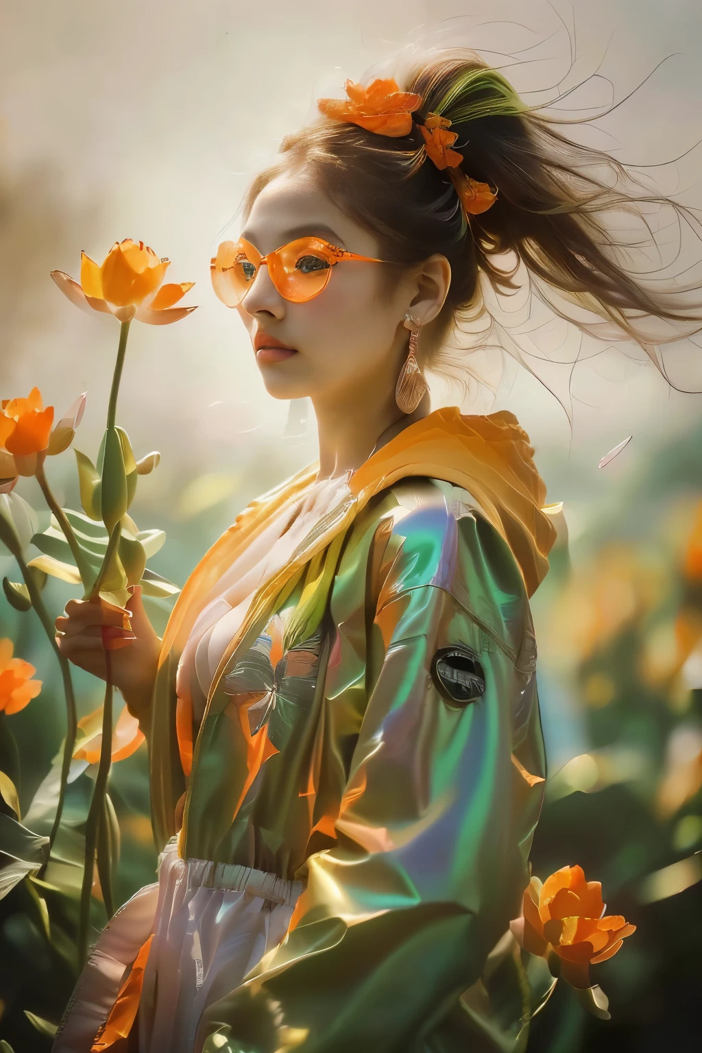 ((Alien girl with pink painted nails)).((A young girl with a sense of wonder explores an alien planet with vibrant chrome vegetation. The surreal landscape and flora create a stunning juxtaposition in a space age paradise)).((Holographic art | Portrait of a beautiful girl in a yellow jacket and yellow glasses formed by glowing mathematical formulas | Radiant, handwritten calculations | Futuristic, cyberpunk, techno-vibe | Photorealistic quality | Dramatic lighting with sharp contrasts | Intricate and luminous design | Captivating and innovative artwork --chaos 15 --ar 9:16 --style raw --stylize 75 --v 6.1((girl), (green:1.5, orange:1.1, white:1.3, yellow:1.3))_((very sexy rapper girl with dreadlocks), tattoos,(nude body parts), (down jacket :1.2),(jacket on naked body, thong))__((fractal, flowers, leaves, fog, lilies, circles background)).((Imagine a scene where the wind gently caresses a naked body, creating a feeling of lightness and freedom. This image reminds us of the importance of letting go of our worries and allowing ourselves to be vulnerable, like fabric that flows effortlessly in the air. The wind symbolizes change and new opportunities. Together they create an atmosphere of dreams and inspiration, encouraging us to follow our desires and seek new horizons. This moment can serve as a reminder that every change is an opportunity for growth and self-expression)). ((This image carries a philosophical subtext: sometimes, in order to move forward, we must allow ourselves to be light and open to new experiences)).