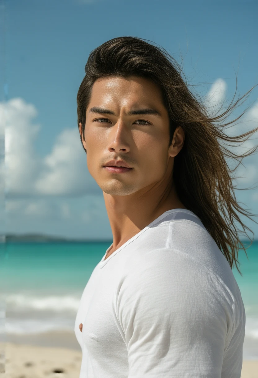asian male model with long hair on a beach, asian male, south korean male, shirtless, handsome male, jungkook supermodel, male model, attractive male, beautiful young man, gorgeous, Jungkook, Jeon Jungkook, handsome Jungkook, by Jungkook, beautiful male face, Jeon Jungkook, long hair