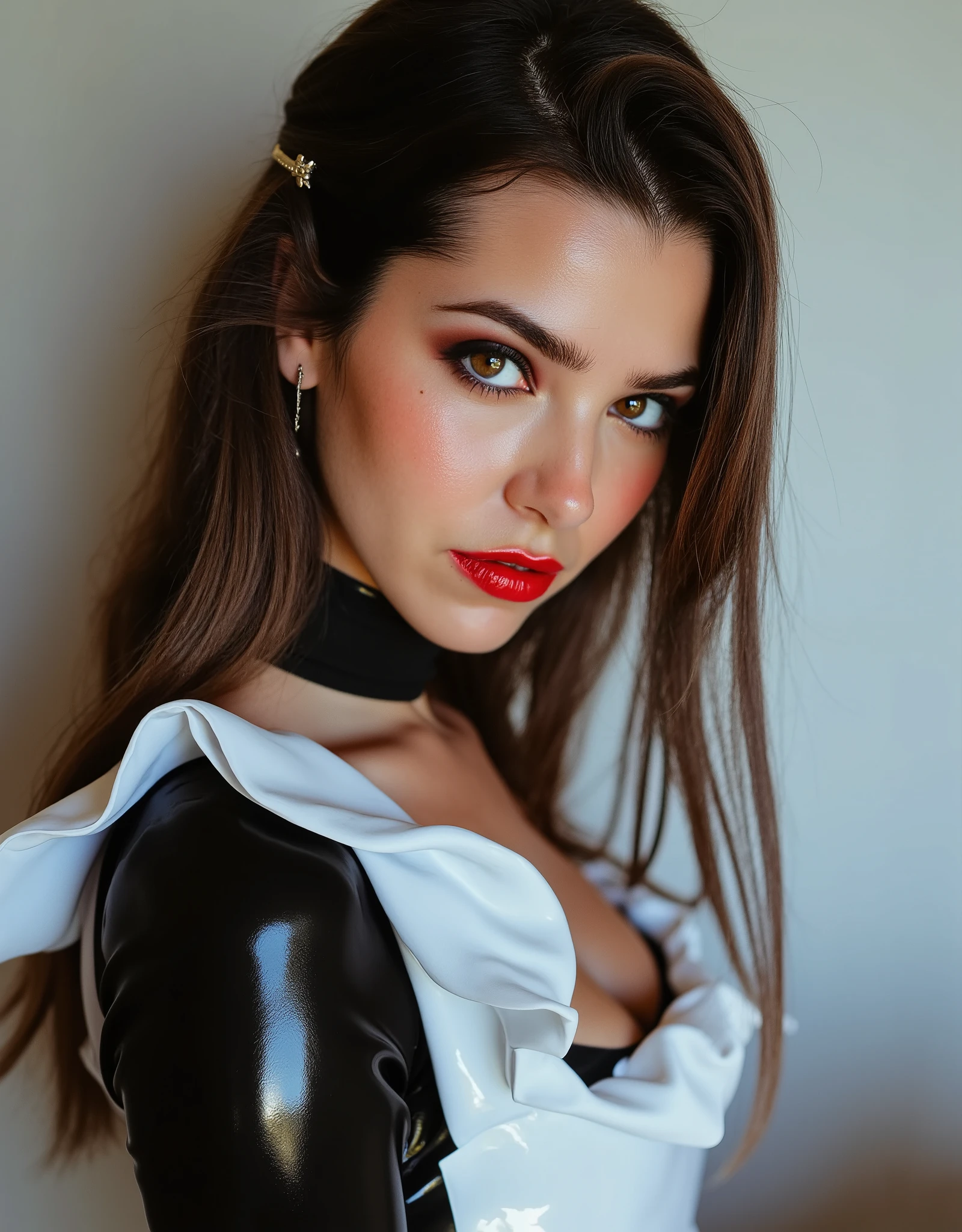cute portrait of woman who has had lip fillers and has very full lips, red lip gloss, latex maid outfit