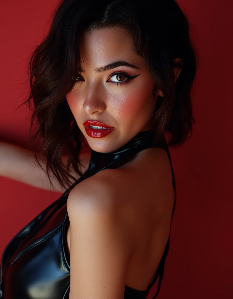 a woman with very full lips wearing a latex maid outfit, red lip gloss, eyeliner flicks, e girl makeup, shiny red lips, beautiful detailed eyes, beautiful detailed lips, extremely detailed eyes and face, long eyelashes, photorealistic, 8k, high quality, hyper realistic, digital painting, masterpiece, dramatic lighting, cinematic