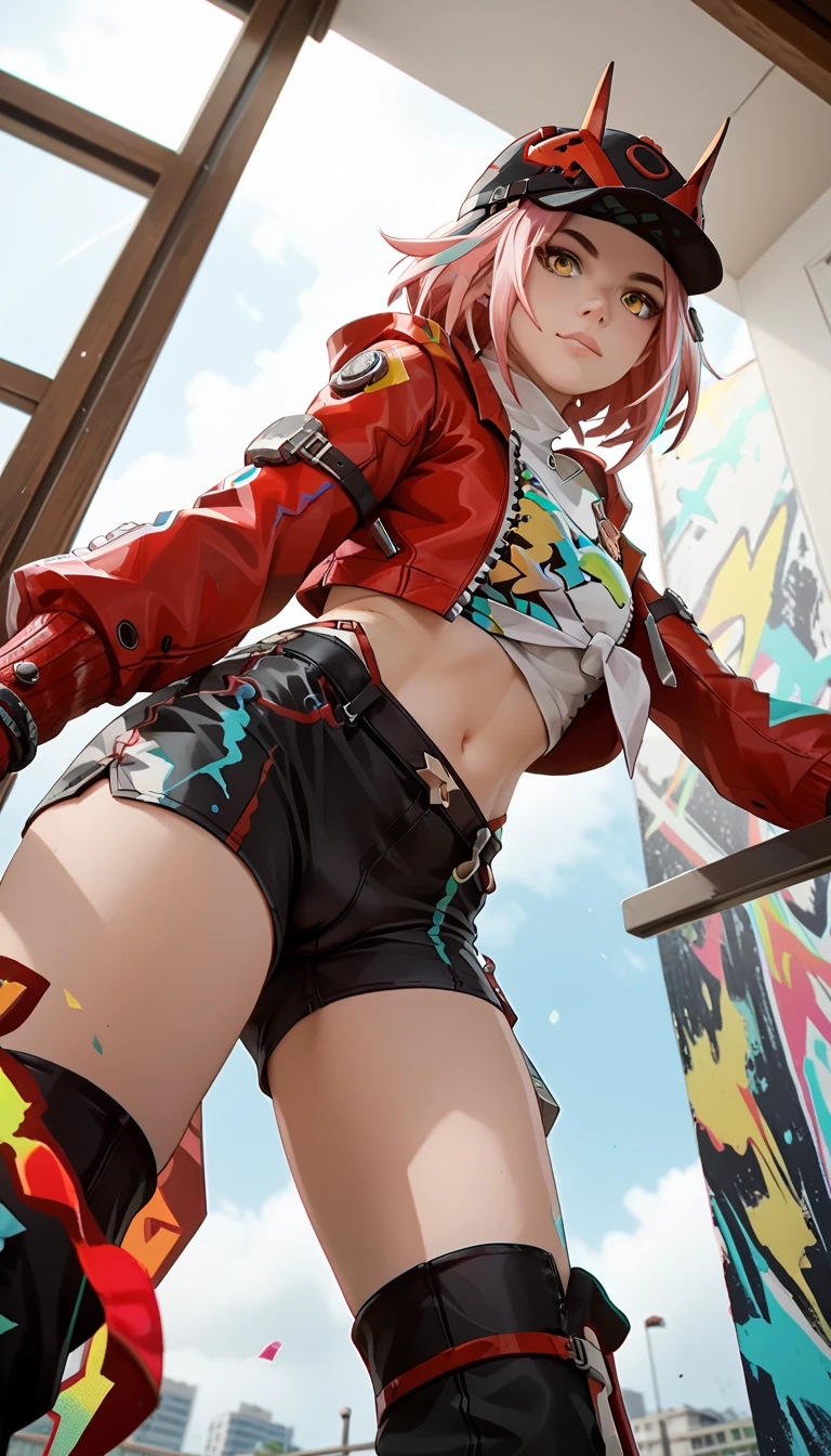 1girl, (Rappa), pink hair, green and yellow eyes, black bike shorts, red jacket, from below, cameltoe 