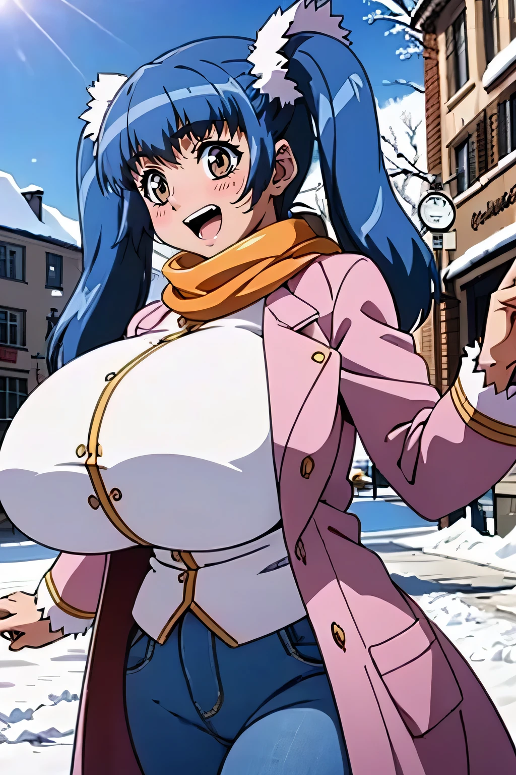 anime,anime style,winter scenery、outdoor,long coat,セーター,jeans,Scarf,snow,city,Winter clothes,blue hair,orange eyes,twin tail,huge breasts,fang,tuile_(gravion),two side up,gigantic breasts,open mouth,happt smile