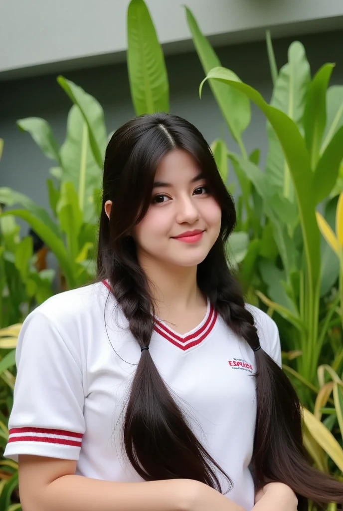 A young woman in a school uniform, beautiful detailed eyes, beautiful detailed lips, extremely detailed face, long eyelashes, detailed school uniform, cute expression, standing in a garden setting, blurred background, natural lighting, highly detailed, 8k, ultra-detailed, (realistic, photorealistic:1.37), (best quality:1.2), masterpiece, vibrant colors, cinematic lighting