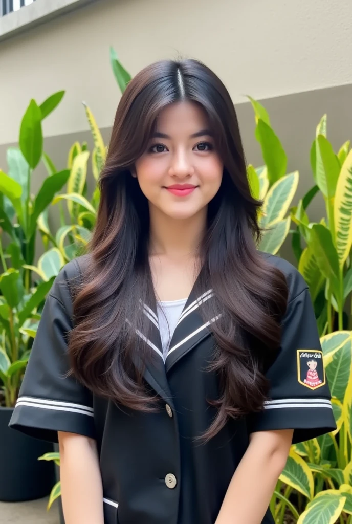 A young woman in a school uniform, beautiful detailed eyes, beautiful detailed lips, extremely detailed face, long eyelashes, detailed school uniform, cute expression, standing in a garden setting, blurred background, natural lighting, highly detailed, 8k, ultra-detailed, (realistic, photorealistic:1.37), (best quality:1.2), masterpiece, vibrant colors, cinematic lighting