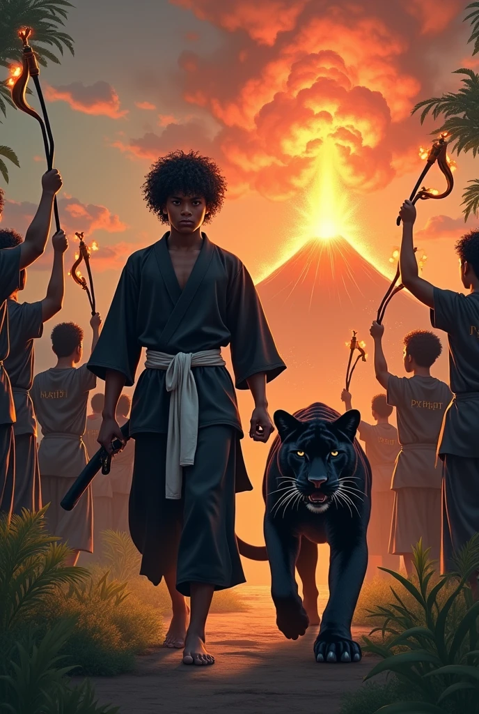A young handsome Indonesian boy in white arabic jubah, wear turban, stands in the center, unleashing a dark aura from his mind. The aura forms terrifying creatures with sharp claws and glowing eyes. The boy strikes a dramatic and dynamic pose, with one arm raised and the other extended forward, holding arabic book, as if commanding the creatures. The hand unleash a magic fire. The scene is dark and cinematic, with dramatic lighting and shadows highlighting the boy and the creatures. 