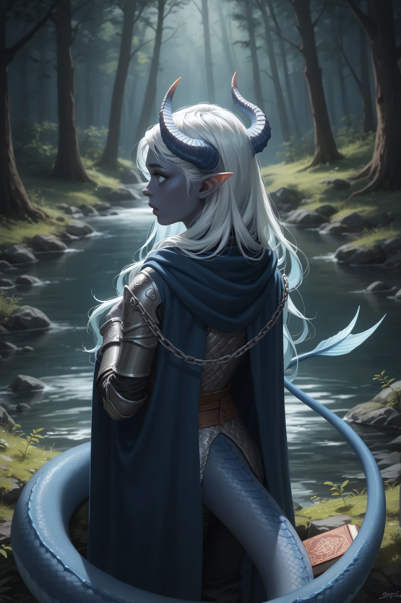 ( A sprawling cedar is growing ), ((forest in the background)), dynamics, (1Тiefling ,  dark blue-gray skin :1.4), ((((very thick long tiefling dragon tail)))), ((long dark blue flowing hair)) ,  ((( bright pigmentation on the face))), (((blue-black freckles ))) , ((2 fins on the head)), ((bright blue-grey pupils, very black eyes)), ((skin pigmentation,)),  girl  , (kind face), (face visible), (curiosity ), ( openness in view ), (small lips), ( curious eyes ), (30 years old), (chainmail), (gray-black armor ),  (( Protection on a thick long dragon blue tail)), [medieval pants], (mantle), (cloak), (1 magic book in hand) (( dynamic posture looks back from behind, in half a turn, face visible)) , ( dark grey straight short horns),  (book in hand), ( top quality ,  masterpiece fails,   in the highest detail) ,  fantasy background. blue tones, Dark tones.  Clear water, stream , scale,  Dark colors , dark shades,  muted colors. (( view from above )).