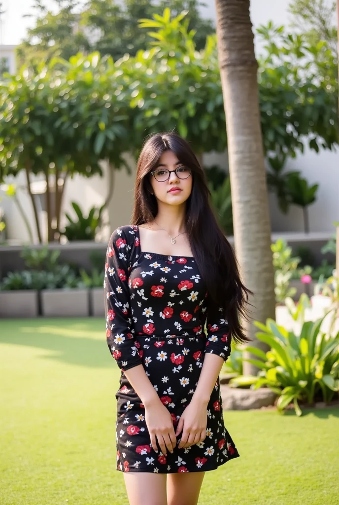 Here's a high-quality prompt for a masterpiece image: A majestic solo female figure stands tall (1.3) in the morning sunlight (1.2) amidst a serene flower park backdrop (1.2). The subject, dressed in an elegant flower patern dress and matching socks, dons stylish glasses and exudes confidence with her striking black hair and piercing gaze (looking at viewer: 1.4). Her flawless face is adorned with a subtle black eye makeup, adding to the overall allure. As she poses (standing: 1.3), the iridescent lighting creates an otherworldly ambiance, while cinematic shadows add depth to the scene. Capture this breathtaking moment in 8K UHD (RAW photo) using a DSLR camera and apply a realistic LUT or cinematic LUT to accentuate the stunning visuals.