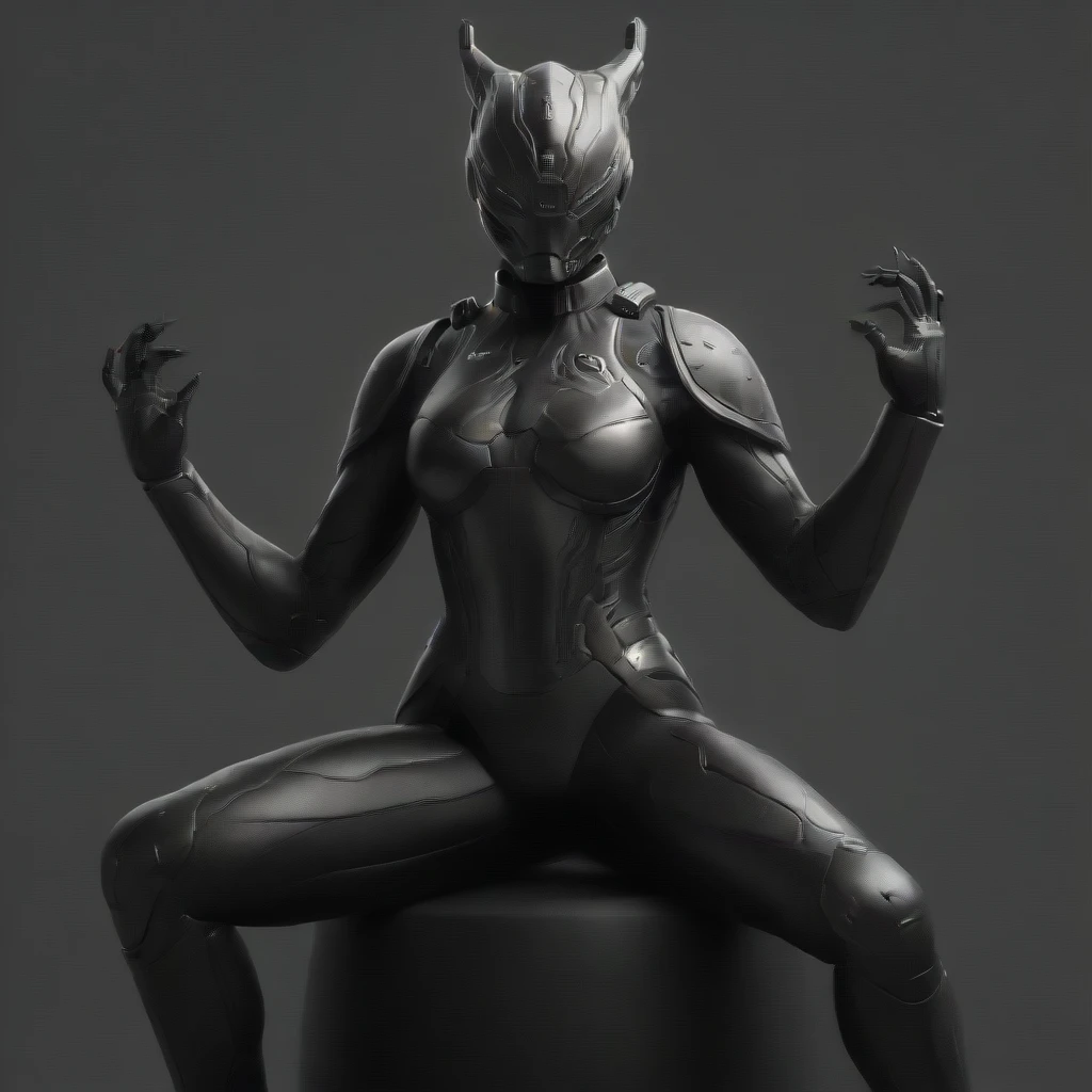 valkyr, Armor, nails claws, Helmet with dark circles under the eyes ,  I ask to look like a cat ,  REALISTIC IMAGE, futurist, lounging around,  with its hands up together, curve