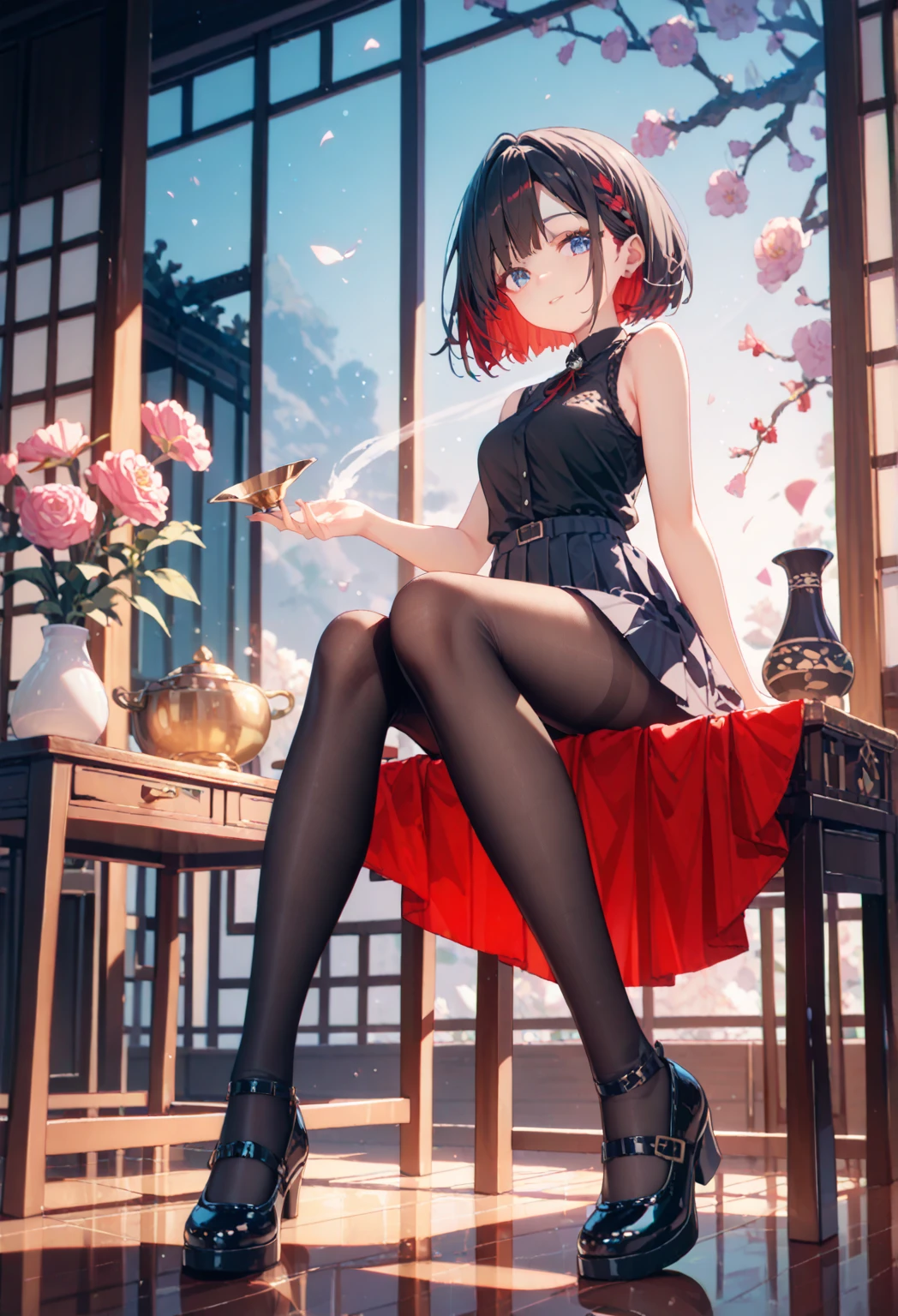 absurdres, RAW photo, extremely delicate and beautiful, masterpiece, Best Quality, ultra high resolution, 32k, hyperrealistic, ultra-detailed, perfect figure, in her 20s, very small head, very small face, delicate facial features, tearful mole, earring, very huge breasts, full body shot, medium hair, black hair, whole red Cheongsam, Slit skirt,