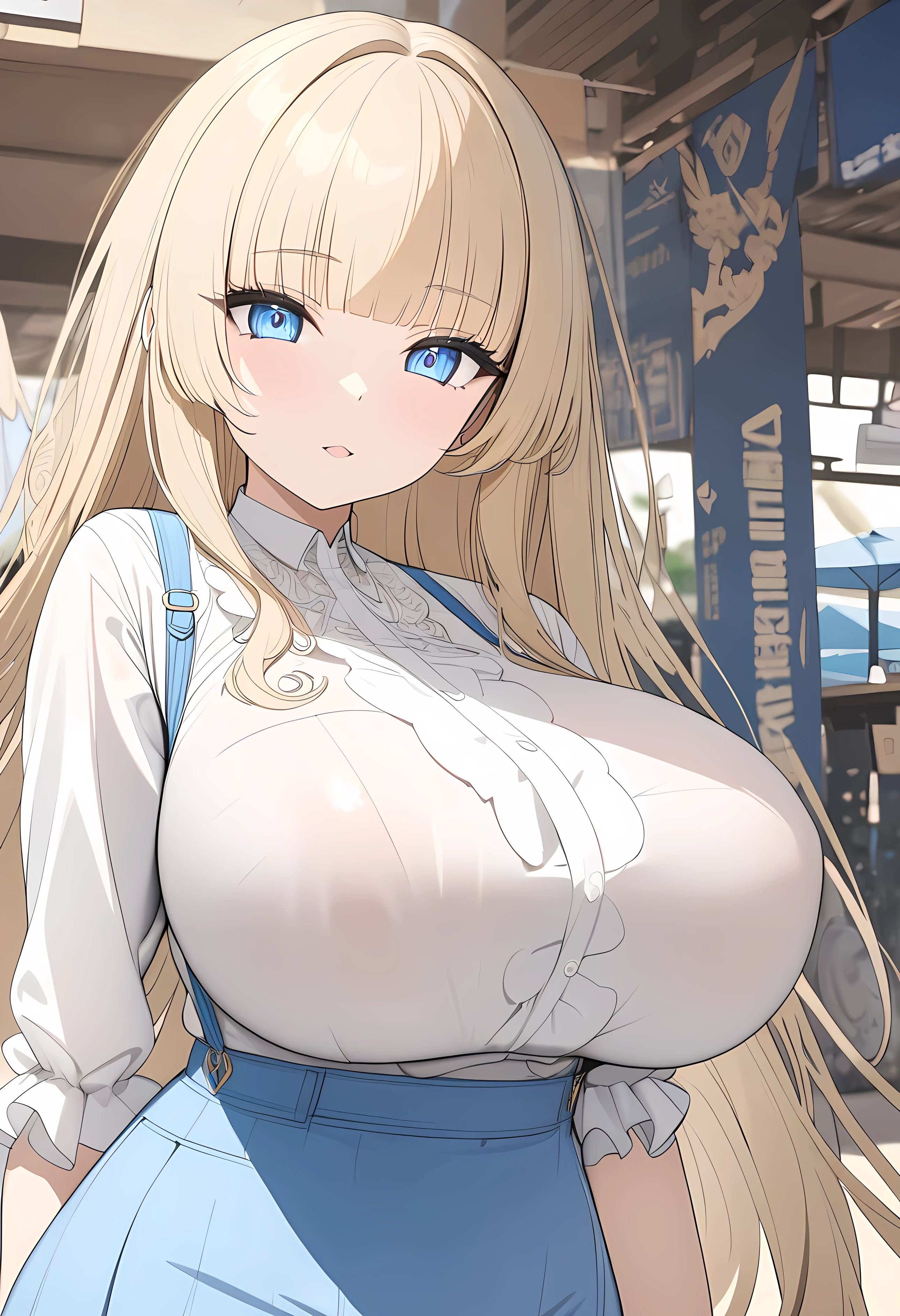 ultra-detailed, girl,loli,, white blouse,Light blue suspender skirt,cute light blue eyes, very big breasts, big thighs , blond hair on Pattaya Beach,fluffy long hair ,blunt bangs,ultra-detailed,8k, best quality, masterpiece, clear, ultra high res, super detail, accurate, high details,  highres icon