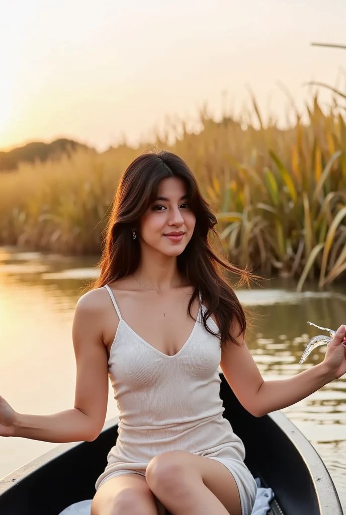 A stunning young woman, with beautiful and smooth skin, posing in a relaxed atmosphere, wearing a sundress made of fabric material. She's surrounded by the serene beauty of nature, with a sunset reflected on the river as she rows a canoe, intentionally splashing water on her friend. The two girls are having fun joking with each other, smiling and laughing, while their cute pubic hair is subtly visible. Her huge breasts are perfectly accentuated under her sheer bra, and her attractive big buttocks are framed by her relaxed pose. In the background, the sound of the river flowing and the wind add to the sensual ambiance.