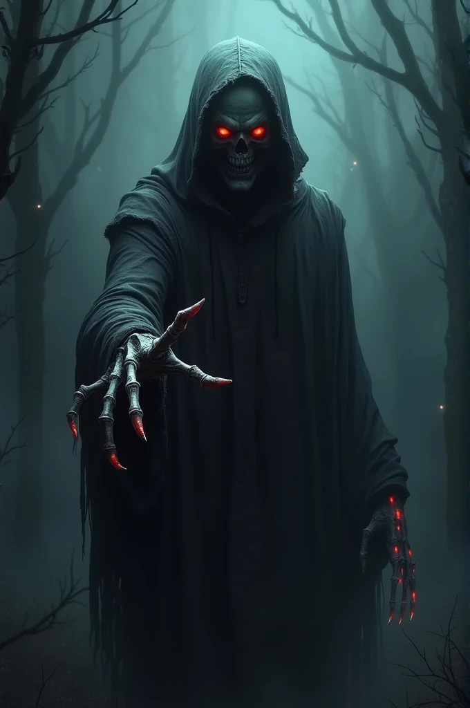 "A dark and eerie composition depicting the 'Hell Messenger,' a sinister figure cloaked in shadows with glowing red eyes, surrounded by swirling darkness. High contrast, intense lighting, and dramatic angles enhance the menacing atmosphere. The scene is set in a desolate graveyard, with crumbling tombstones and eerie fog creeping among the twisted trees. The 'Hell Messenger' holds a scythe, radiating an aura of power and darkness. The overall mood is haunting and foreboding, capturing the essence of the underworld."