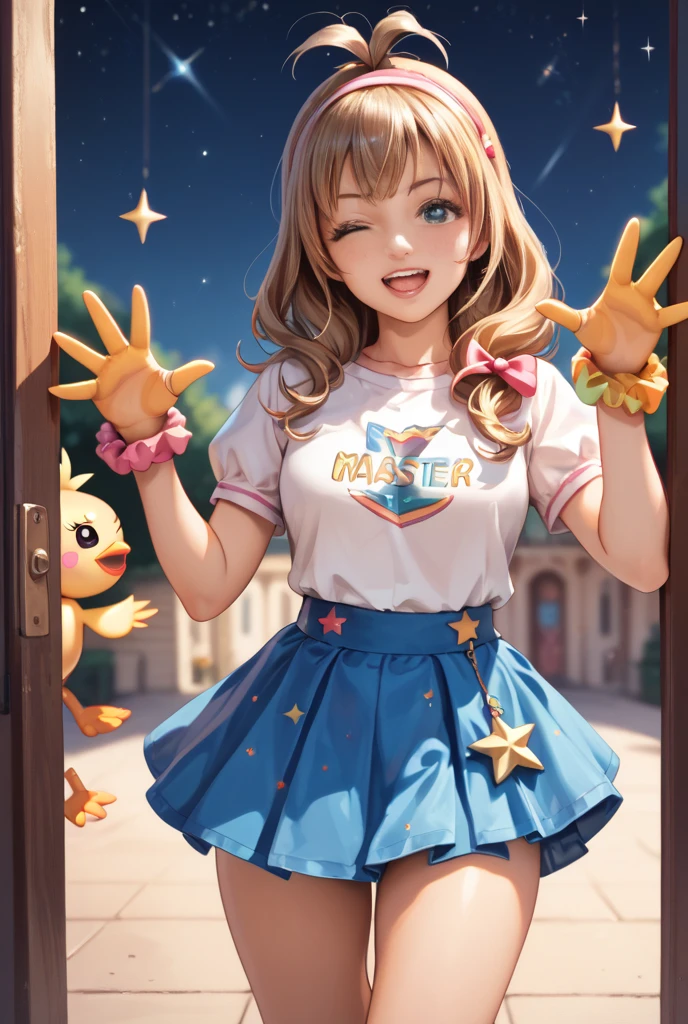  Best Quality ,  Masterpiece, 1 chica yunaka,  an eye closed, mocking, detailed hands, Star, mini skirt 