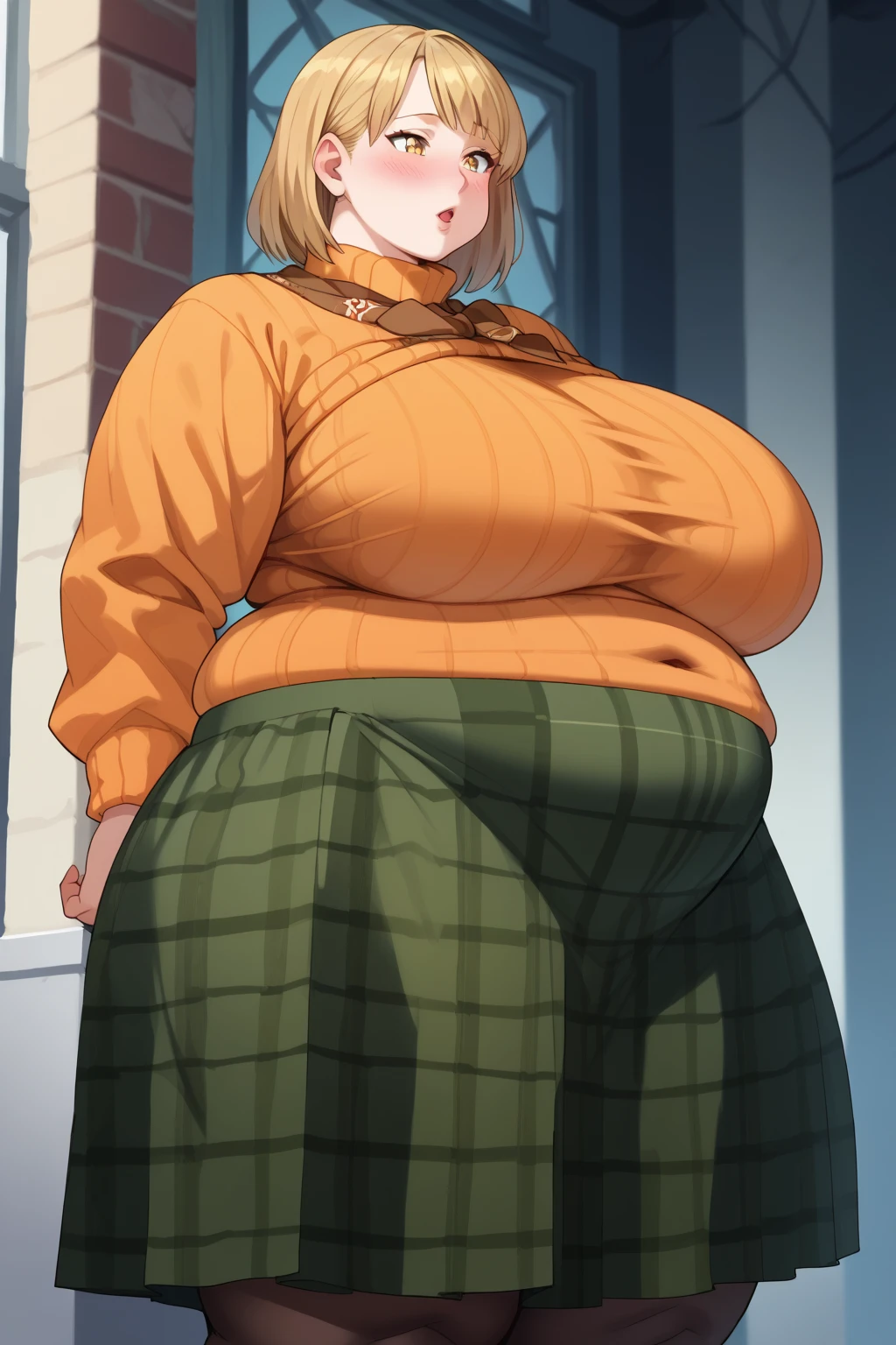 Ashley Graham , ashley graham,　 shortcuts,　 orange sweater ,  miniskirt,  green plaid skirt,  Long Sleeve ,  yellow eyes, Thighs,  Golden Hair ,  score_9,   score_8_up,   score_7_up,   score_6_up,   score_5_up,   score_4_up,     Masterpiece  ,   top quality,   Very Aesthetic,   absurd,   source_Anime, Anime screencap,   one woman , Alone,  personal  ,  Super huge breasts, ((( super huge clevis, Super huge , Super huge boob))), Curvy,  chubby, Mature Woman,  obese body type, blush,  troubled expression,  belly fat sticking out of clothes,　 sloppy stomach , A woman wearing a skirt ,  black bras for weight loss,  giant areolas, puzzled expressions, Turn clothes upwards 