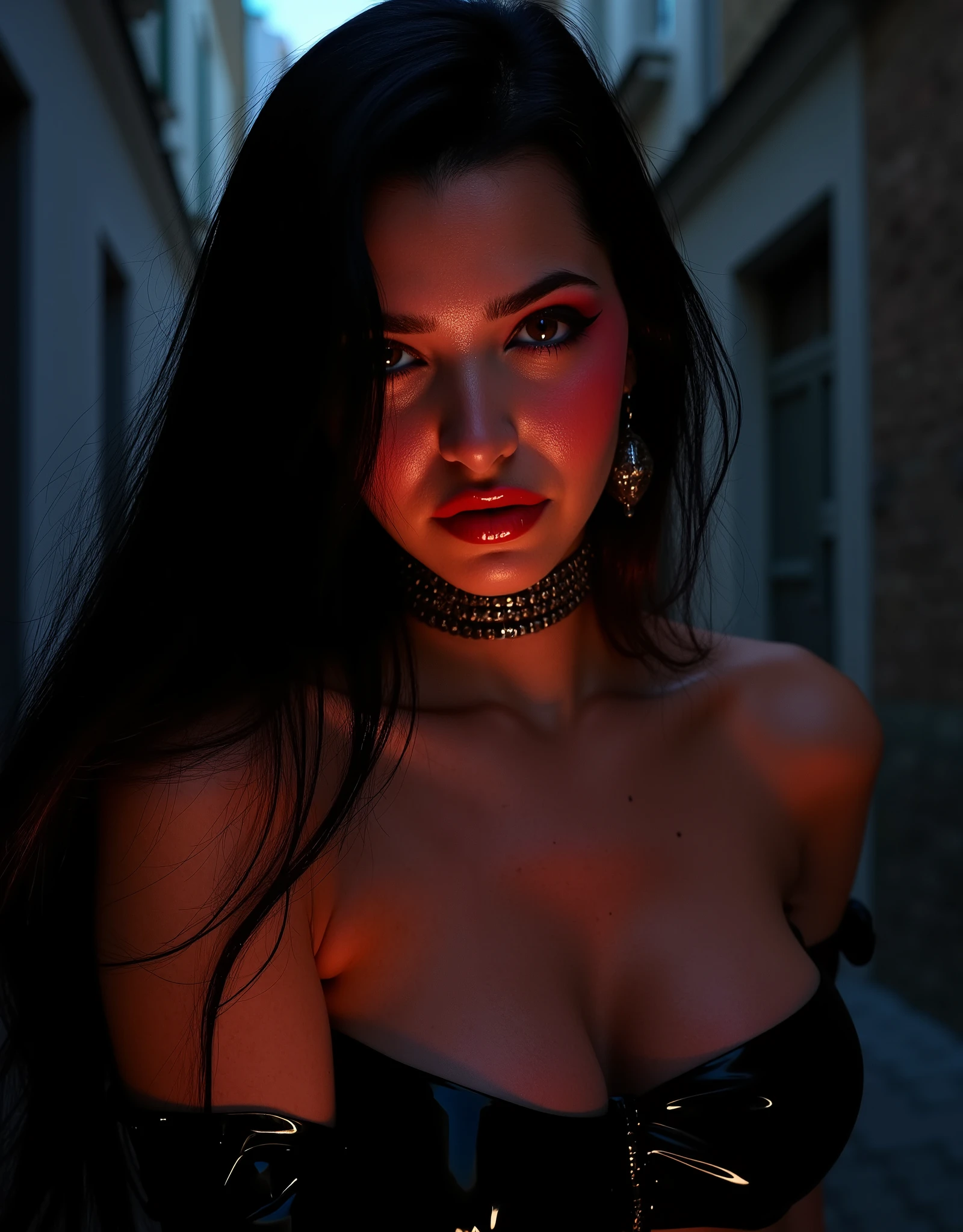 a woman with very full lips wearing a latex prostitute outfit, red lip gloss, eyeliner flicks, e girl makeup, shiny red lips, beautiful detailed eyes, beautiful detailed lips, extremely detailed eyes and face, long eyelashes, photorealistic, 8k, high quality, hyper realistic, digital painting, masterpiece, dramatic lighting, cinematic, whore, escort, prostitute, in a dark alley