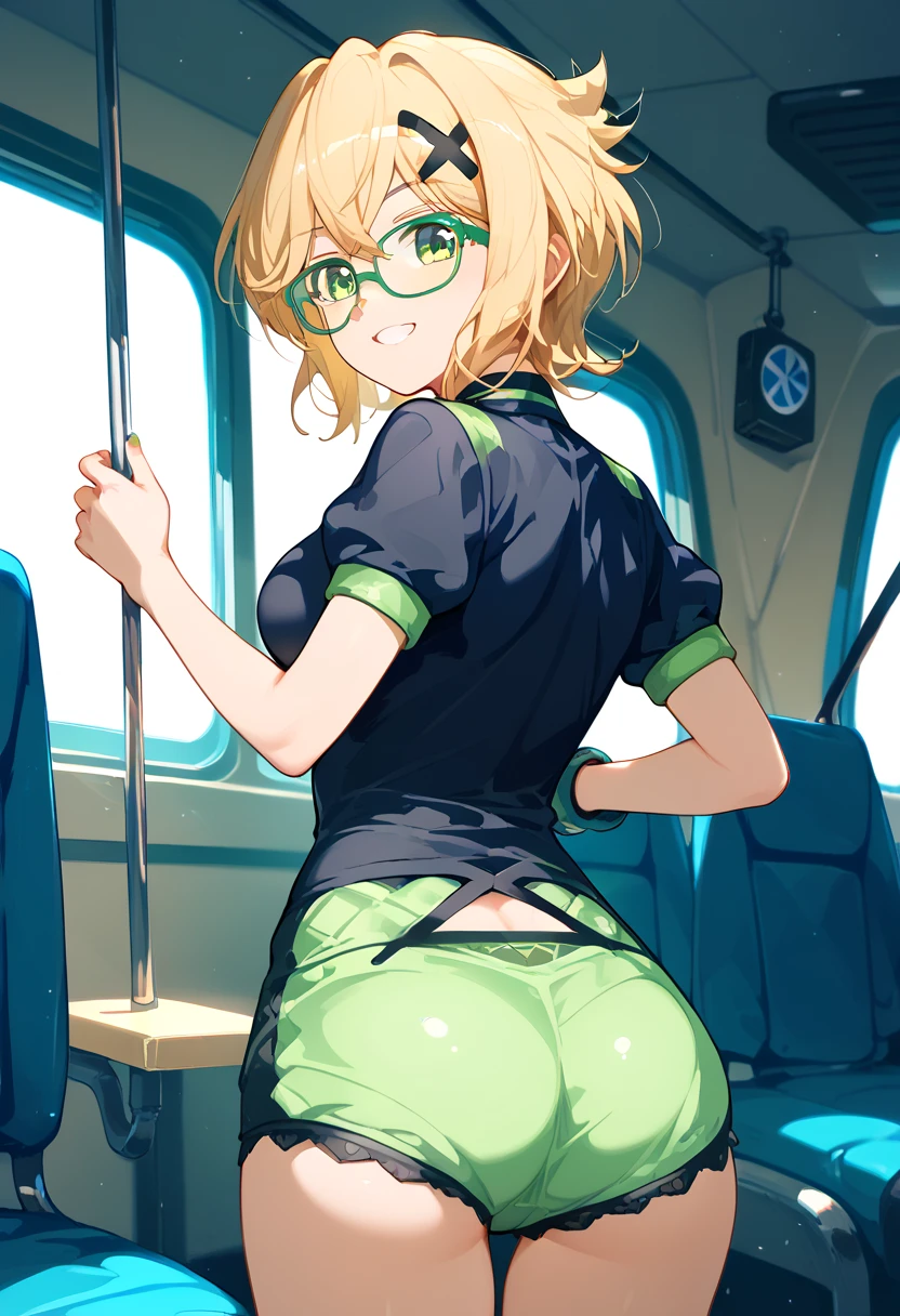  masterpiece, (((highest quality, perfect anatomy))), (cowboy shot, Inside the sightseeing bus, from bellow, bright, BREAK 

(((standing, Looking back , from behind, hip focas))), smile, BREAK 

1girl, akatsuki kirika, blonde hair, short hair,  solo, green eyes, looking at viewer, medium breasts, x hair ornament, green stripe panty, green glasses, bus guide costume, shits, recruitment suit,