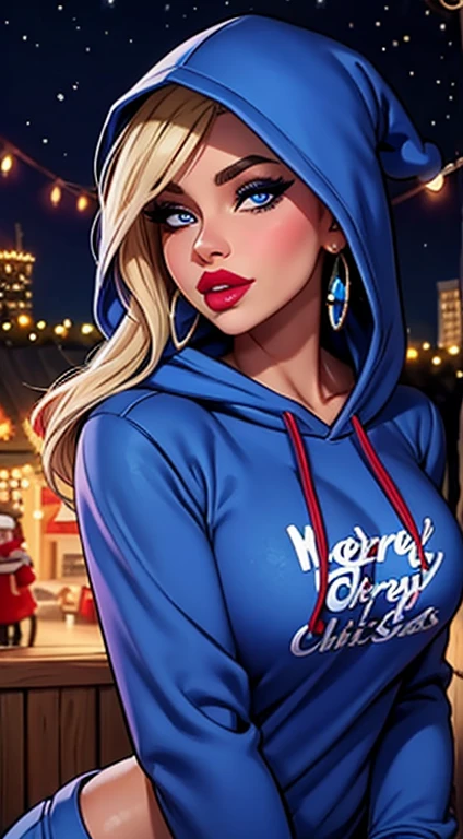 a cartoon girl with blue eyes wearing a hooded sweatshirt and some lipstick in a christmas lights scene, 1girl, hood, blue eyes, solo, earrings, jewelry, hoodie, looking at viewer, hood up, long hair