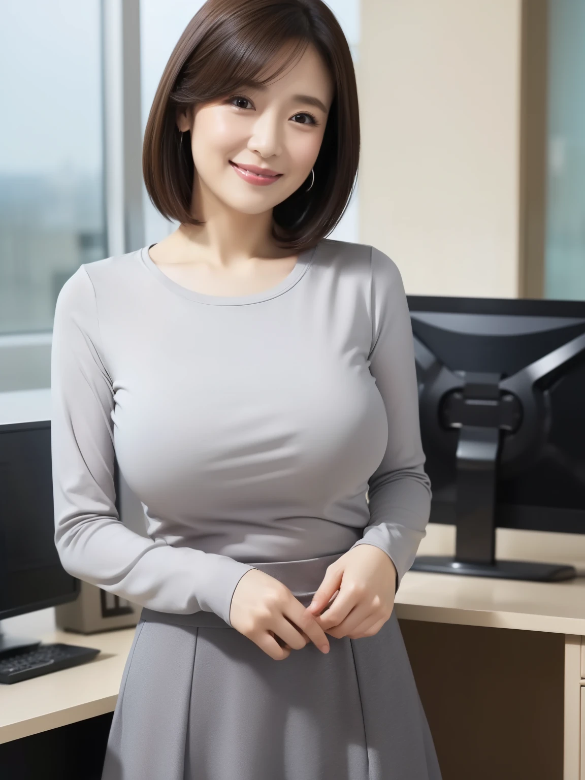 (( top quality ))、((masterpiece))、Married women、 gentle face 、40 years old、 short bob、Light grey lightweight long sleeve t-shirt with a perfect fit、 loose black long skirt 、(( soft breasts))、 office、Wide angle、whole body、 mature、 smiles、