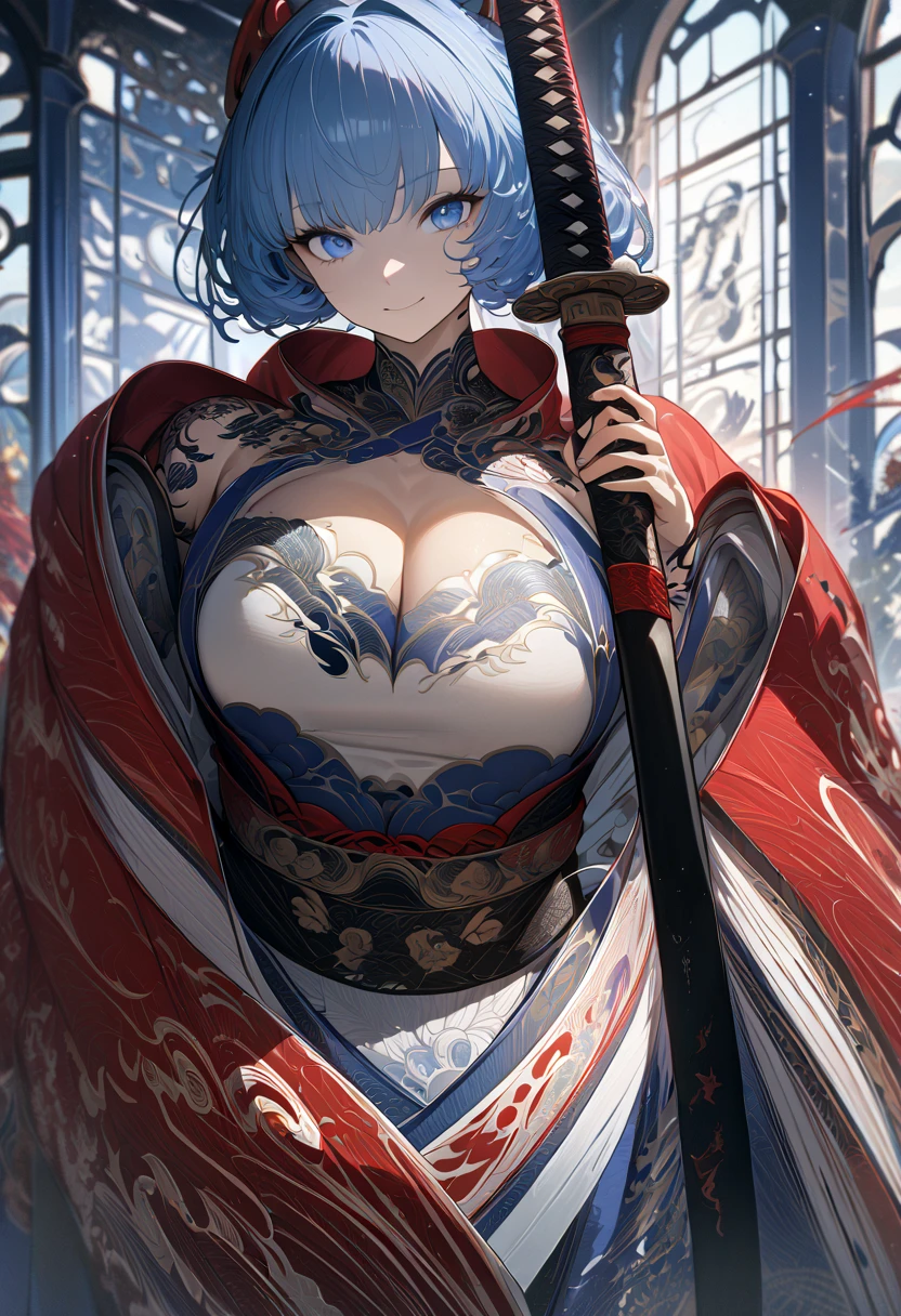  beautiful woman , 1 woman,  sky blue hair ,  blue eyes, A pretty red kimono, Lots of tattoos , E-cup breasts,  Dragon Tattoos on Arms ,  open chest ,  Wide Neckline , chest window,  Window on Chest ,  smile ,  Magical Tails , masterpiece,  best quality, Full HD, 8k,  Ultra High Resolution Details,  Stunning Graphics , Carving a sword