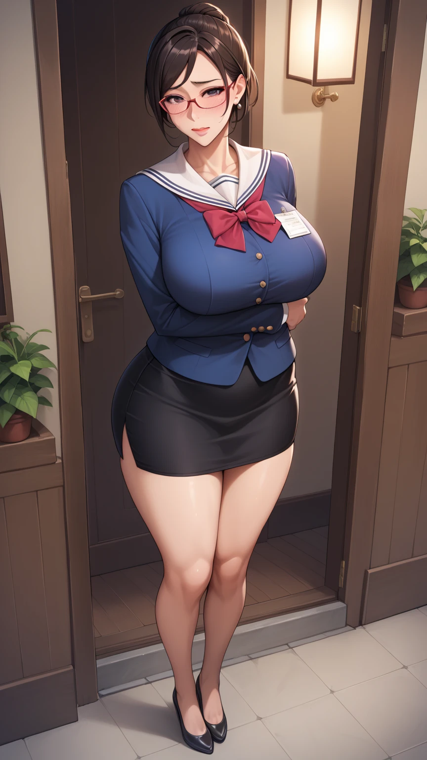 1girl in, Parted lips, blush, makeup, lightsmile, School uniform, Full body, Wide Angle, From above, crass room, llight rays, Glow, thighs thighs thighs thighs, 鎖骨, Narrow waist, (masutepiece), Wallpaper,Breast bulge、Dark hair color、Sheer skin