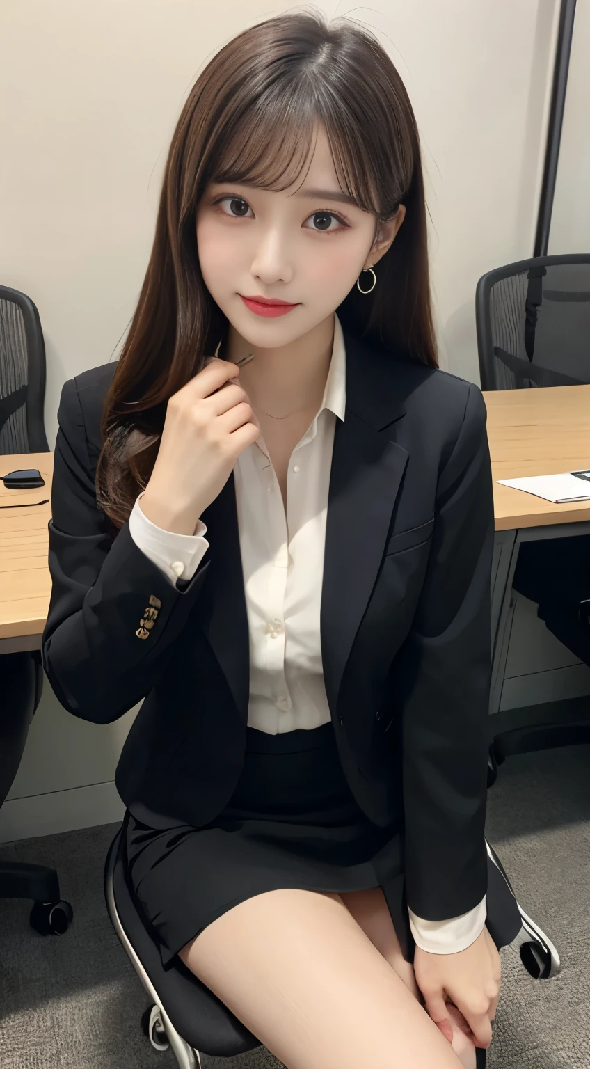 Arafed woman in a black suit sitting on a chair - SeaArt AI