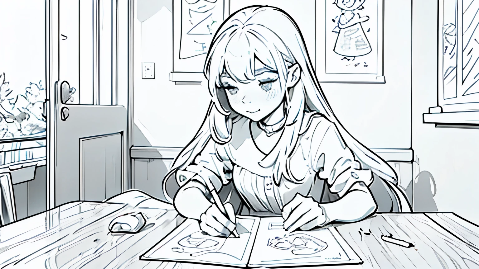 a coloring book page, a cute longhair girl on a room drawing comic, black and white, simple and minimal, perfect shapes, only lineart, no gray or shades