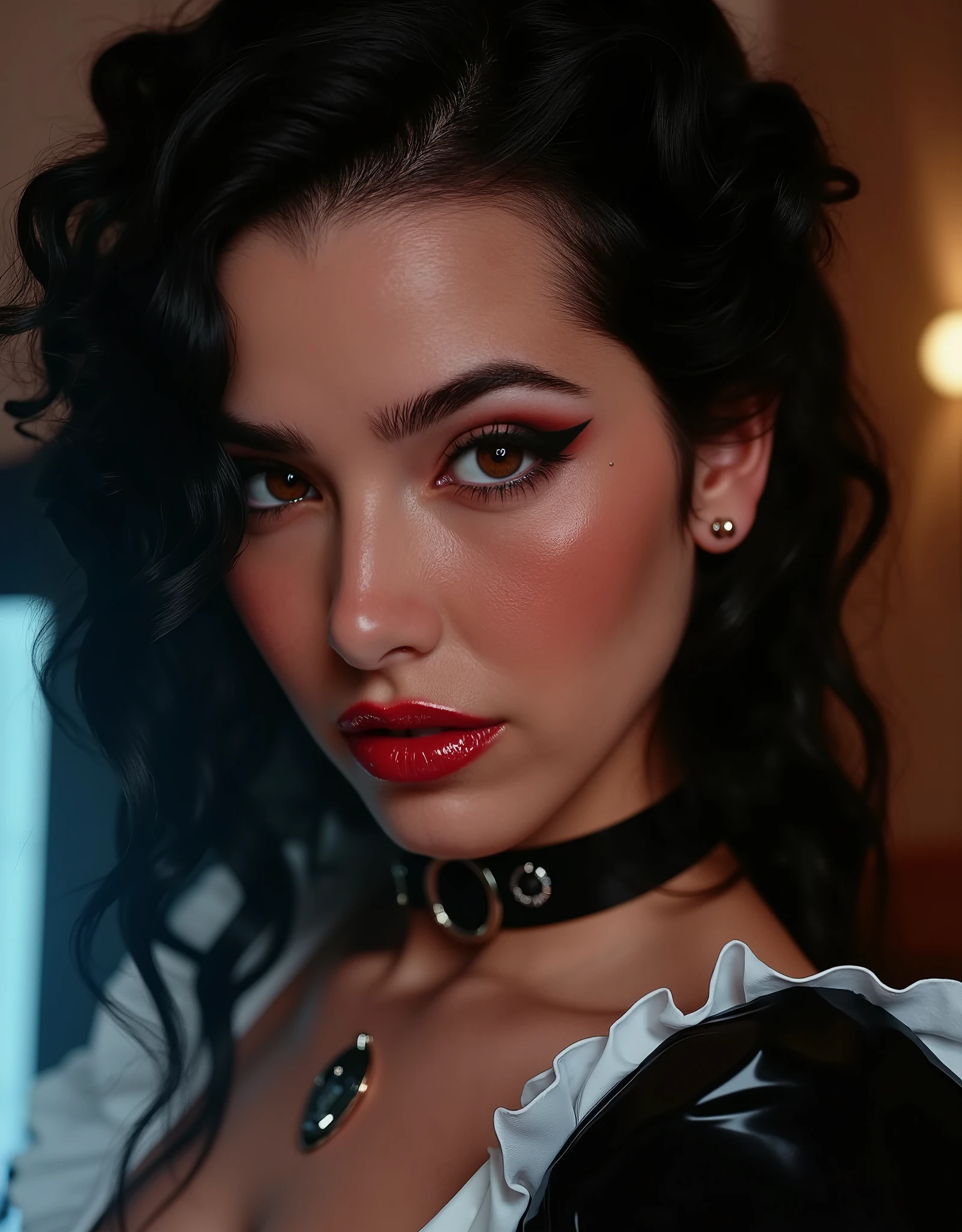 close up of a woman with full lips wearing a latex maid outfit, red lip gloss, eyeliner flicks, e girl makeup, shiny red lips, beautiful detailed eyes, beautiful detailed lips, extremely detailed eyes and face, long eyelashes, photorealistic, 8k, high quality, hyper realistic, digital painting, masterpiece, dramatic lighting, cinematic