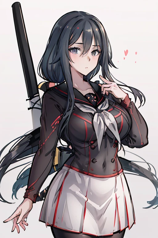 Ryoba Aishi in black sailor uniform with white tie and skirt, large pear-shaped breasts