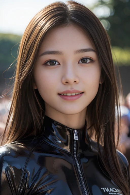 (1 girl)、highest quality、masterpiece、超A high resolution、(Photoreal:1.4)、Raw photo、1 girl、Wet Hair、hot、Sweat、(Wear skin-tight leather racing suits)、female rider、Long sleeve,、Leather Racing Gloves、Portraiture、Shadow、Octane Rendering、8k、Ultra Sharp、Metal、Intricate decorative detailore about Japan、Very intricate detail、Realistic Light、(smile)、Shining Eyes、To the camera、Small LED、close