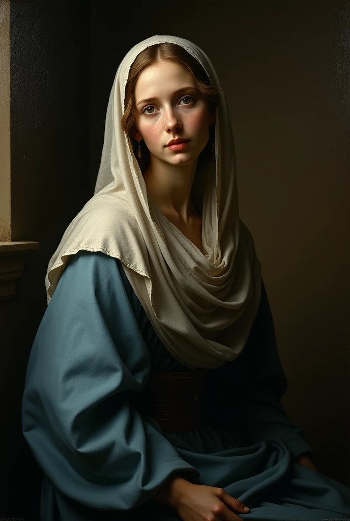 A frontal image of the beautiful 20-year-old Virgin Mary、Upper Body。Dye your cheeks、She has her eyes closed, her lips pursed as if kissing, and is sticking them out towards me.。Reddish beige tunic with light blue cloak and veil