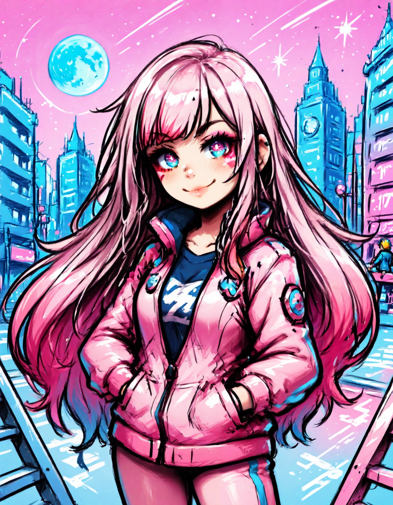 colorful, 1girl, colorful, colorful, cyberpunk, ladder, looking at viewer, moon, multicolored hair, two-tone hair, pink theme, long hair, solo, closed mouth, limited palette, full moon, building, smile, outdoor, city lights, masterpiece, best quality, newest, very awa