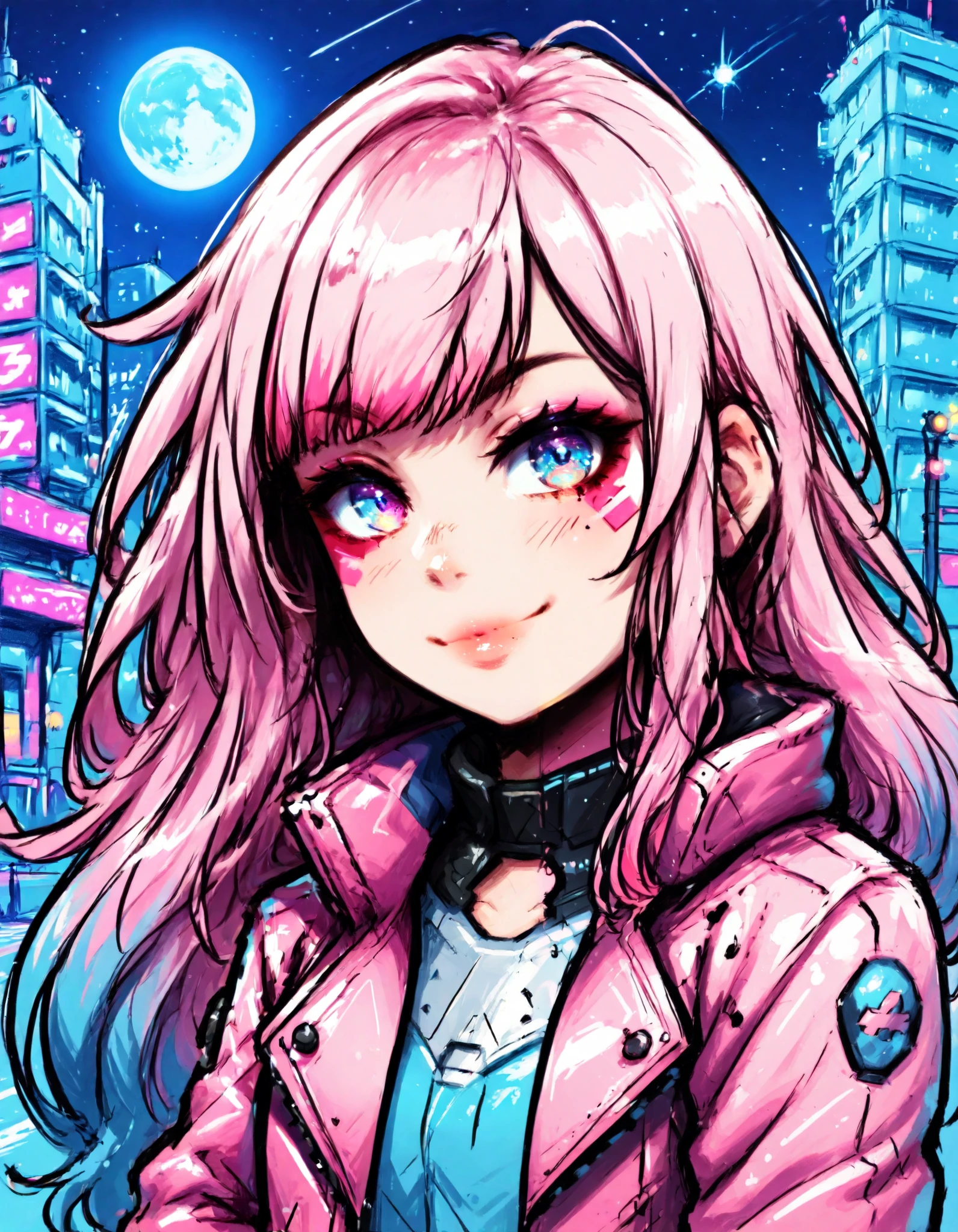 colorful, 1girl, colorful, colorful, cyberpunk, ladder, looking at viewer, moon, multicolored hair, two-tone hair, pink theme, long hair, solo, closed mouth, limited palette, full moon, building, smile, outdoor, city lights, masterpiece, best quality, newest, very awa