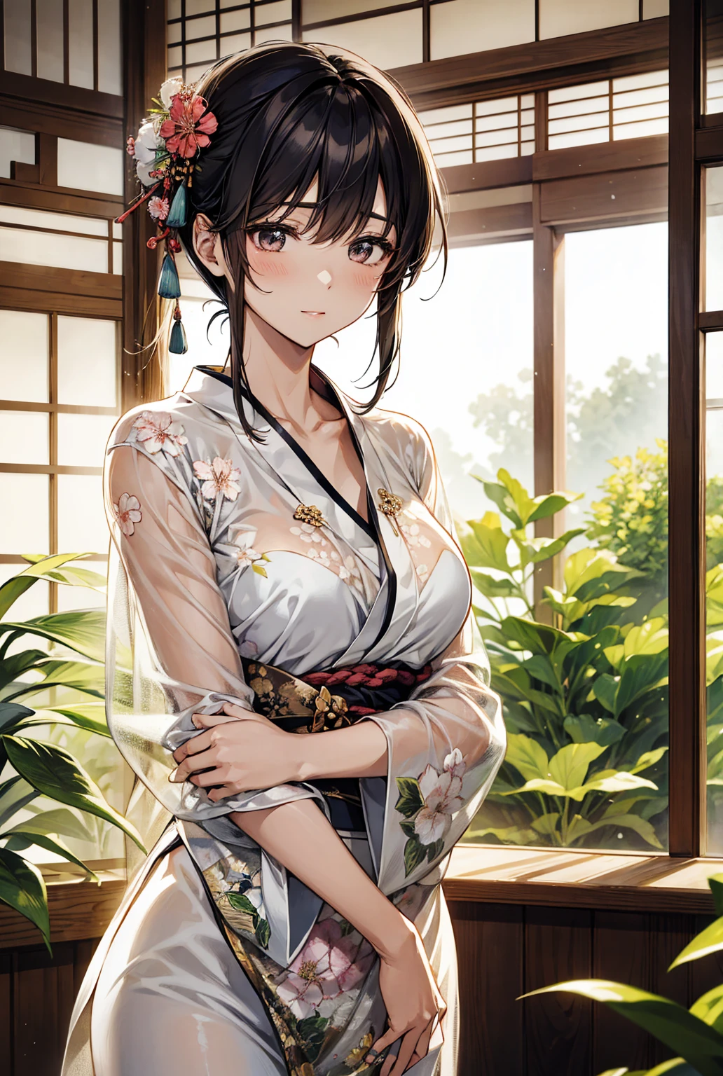 masterpiece, best quality, extremely delicate and beautiful, ultra-detailed, high-resolution, 20 years old, detailed beautiful face, tearful mole, earring, very huge round breasts, short medium hair, wavy hair, wet clothes, full body shot, alone, (assassin), kimono, (armor),